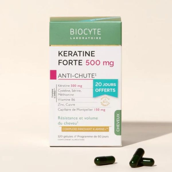 Biocyte KERATINE FORTE 500 MG 120 gélules soit 20 jours offerts - Prévient la chute des cheveux et renforce la résistance