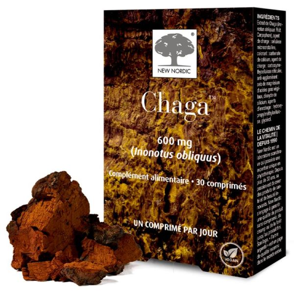 New Nordic Chaga 600 mg 30 Comprimés – Beauté de la peau et des cheveux