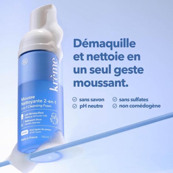 Krème Mousse Nettoyante 2 en 1 Bio - 150ml - Nettoie et démaquille en douceur