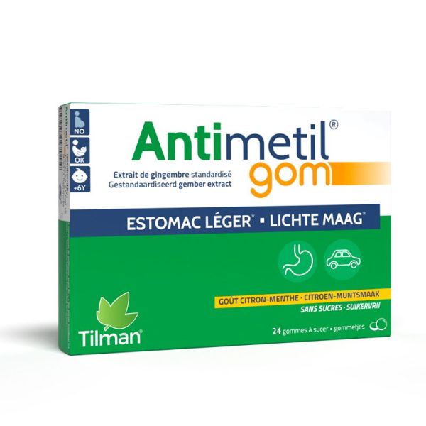 Tilman Antimetil Gom - 24 gommes à sucer - Sans Sucre - Estomac Léger - Goût Citron-Menthe