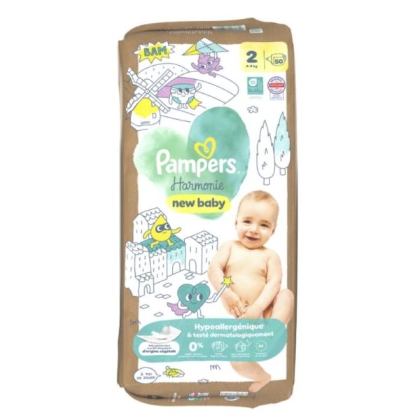 Pampers Harmonie Couches Taille 2 de 4 à 8 kg - 50 couches – Peaux sensibles et 12h au sec