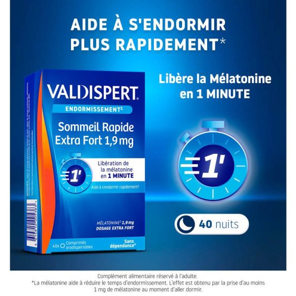 Valdispert Sommeil Rapide Mélatonine 1,9mg - Lot de 2 x 40 comprimés orodispersibles - Endormissement en 1 minute