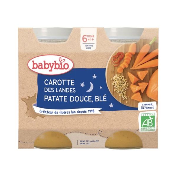 Babybio Bonne Nuit Petit Pot Carotte Patate Douce Blé 6 mois - 2 x 200g