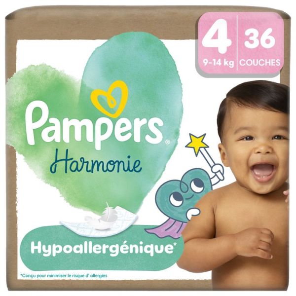 Pampers Harmonie Couches Taille 4 de 9 à 14kg - 36 couches – Peaux sensibles et 12h au sec