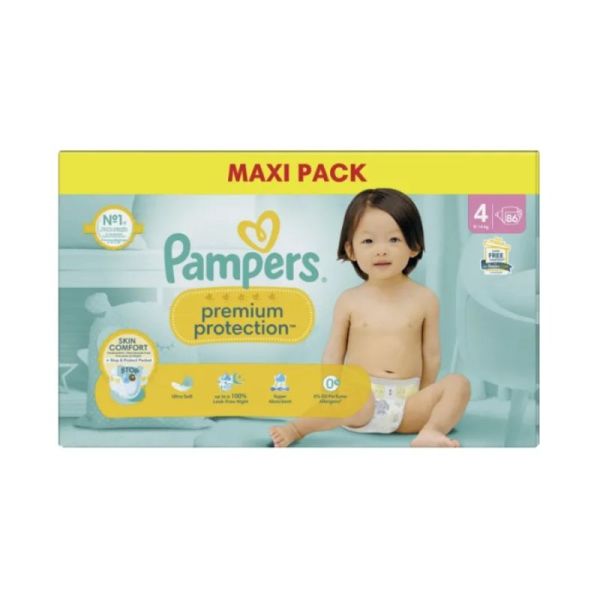 Pampers Premium Protection Taille 4 / 9-14kg - 86 Couches Mega Pack - Confort supérieur, ultra-absorbant