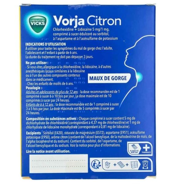 Laboratoire Vicks Vorja Citron 24 comprimés à sucer - Traitement des maux de gorge