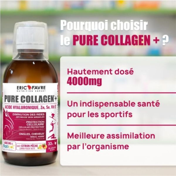 Eric Favre Pure Collagen+ Formule Liquide Pêche Citron 500 ml - Raffermit la peau et hydrate en profondeur