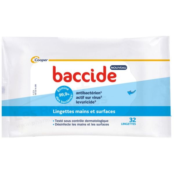 Baccide Lingettes Désinfectantes Mains et Surfaces - 32 Lingettes - Hygiène efficace à tout moment