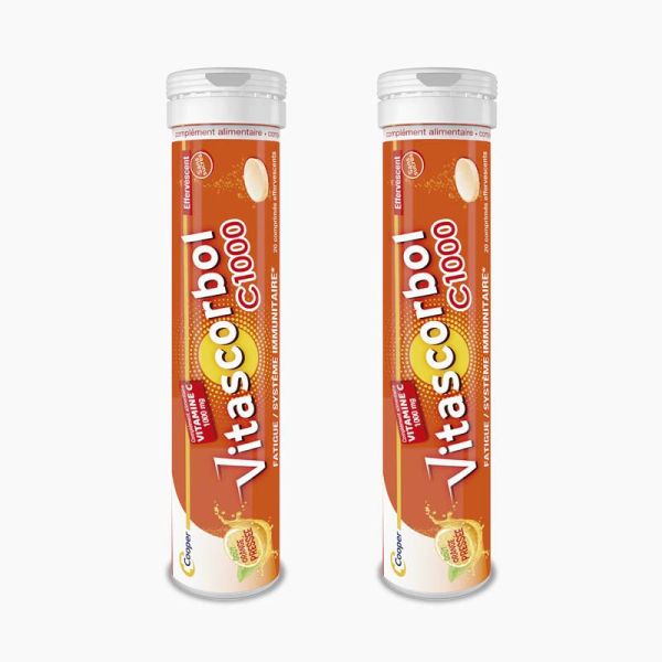 Vitascorbol Vitamine C 1000 - 2 x 20 Comprimés Effervescents - Réduit la Fatigue et Maintien le Système Immunitaire
