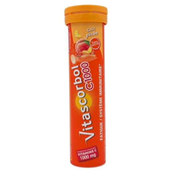 Vitascorbol C1000 Goût Pêche 15 comprimés effervescents - Réduction de la fatigue et soutien du système immunitaire