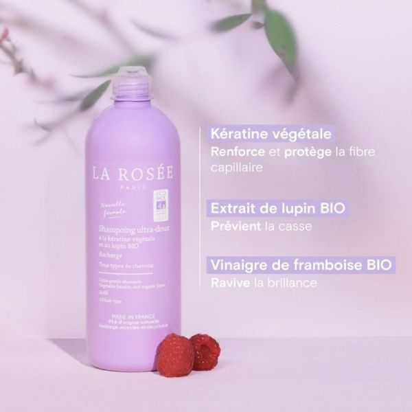 La Rosée Shampoing ultra-doux Recharge 400 ml - A la kératine végétale upcyclée, lupin BIO et vinaigre de framboise BIO