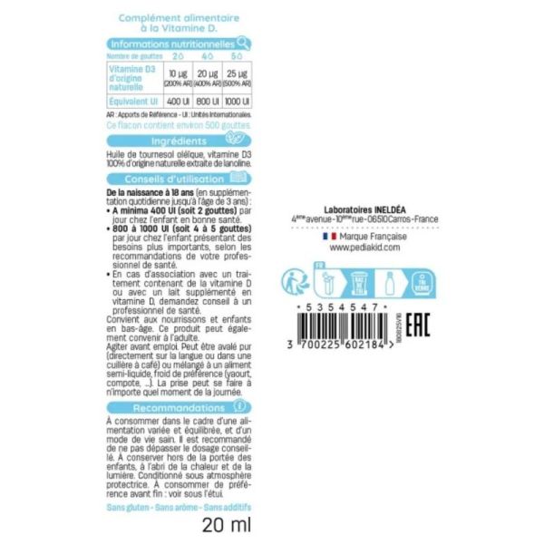 Pédiakid Vitamine D3 200 UI 20 ml – Capital osseux et immunité