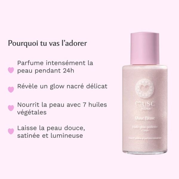 Musc Intime Huile Glow Pailletée Corps Musc Blanc 100 ml – Huile sèche nutritive sublimatrice nacrée