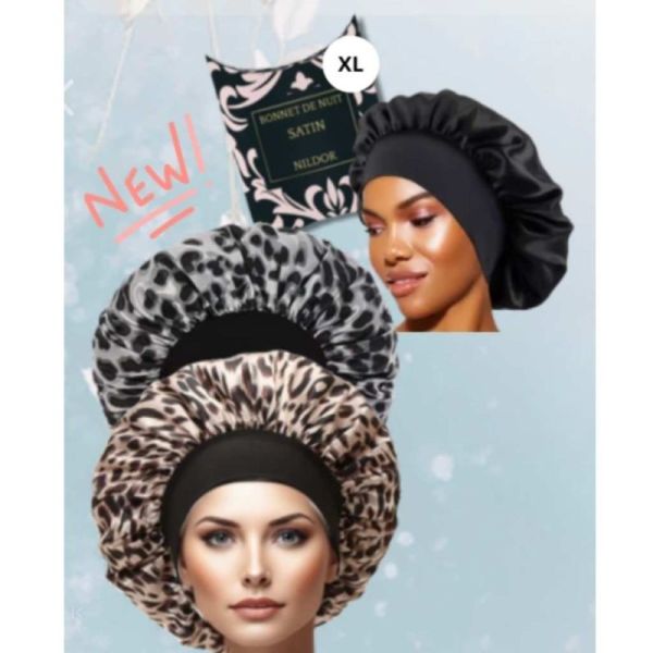 Nildor Bonnet de Nuit Satin Noir XL - Protège les cheveux longs et épais durant la nuit