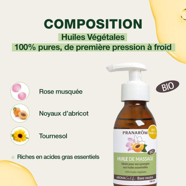 Pranarôm Aromaself Huile de Massage Base Neutre Bio 100ml – Toucher satiné non gras