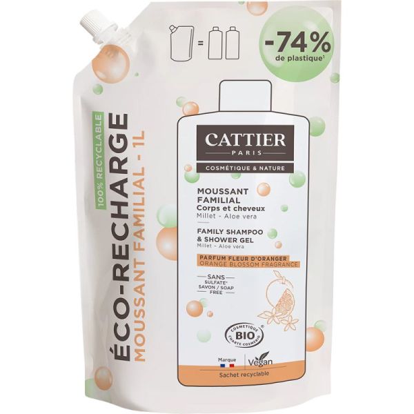 Cattier Gel Moussant Familial Bio Sans Sulfate - Éco-Recharge de 1L - Nettoyant doux corps et cheveux