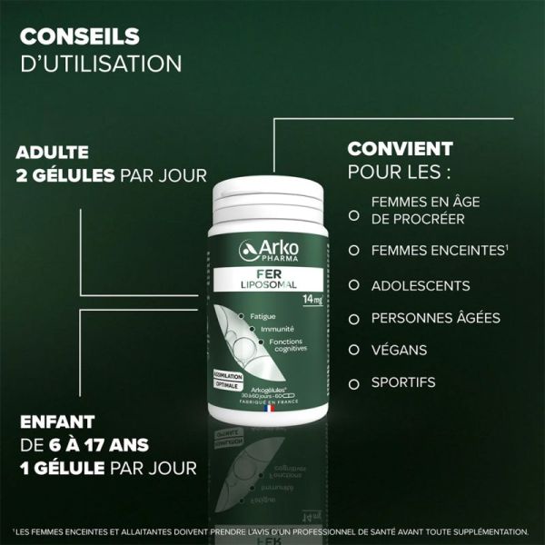 Arkopharma Arkogelules Fer Liposomal 60 Gélules – Énergie, immunité et réduction de la fatigue