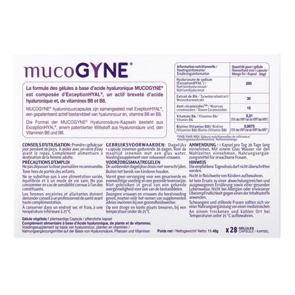 Biocodex Mucogyne Voie Orale 28 Gélules à base d'acide hyaluronique - Équilibre des muqueuses, élasticité de la peau