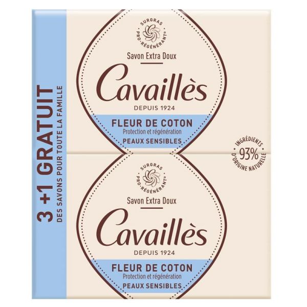 Rogé Cavaillès Savon Extra Doux Fleur de Coton Lot de 3 x 250 g + 1offert