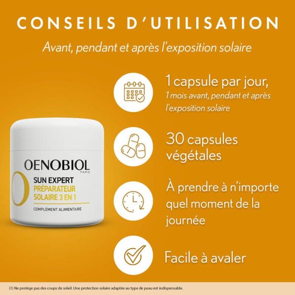 Oenobiol Sun Expert Préparateur Solaire 3 en 1 Triple action - 30 capsules - Protection, hâle et anti-âge