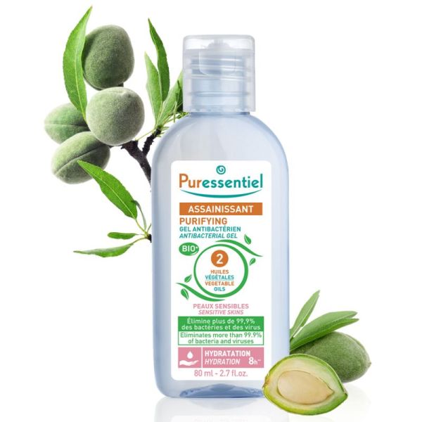 Puressentiel Assainissant Gel Antibactérien aux 2 Huiles Végétales Bio 80ml – Hydratation et protection