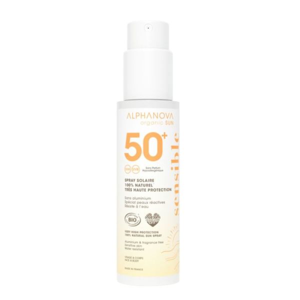 Alphanova Organic Sun Spray Solaire Peau Sensible SPF50+ Bio Très Haute Protection Visage & Corps - 100g