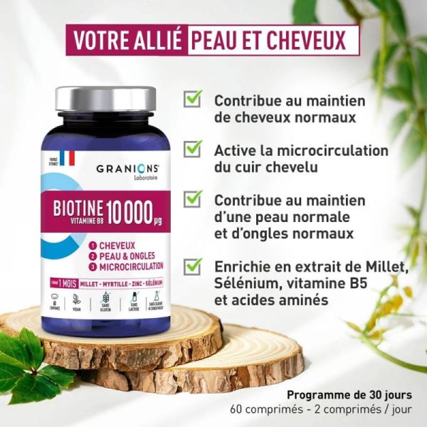 Granions Biotine 10 000 Microgrammes 60 Comprimés - Cheveux, peau et ongles renforcés