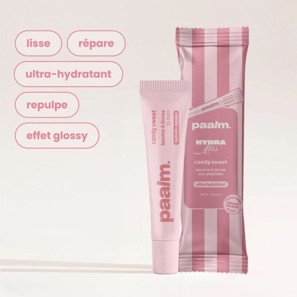 Paalm Baume à Lèvres Hydrakiss Candy Sweet 15 ml – Baume à lèvres peptides, HA et phyto-plumper rose clair glossy