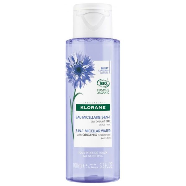 Klorane Eau Micellaire 3en1 - Au Bleuet Bio -  Nettoyante, Démaquillante et Hydratante - 100 ml