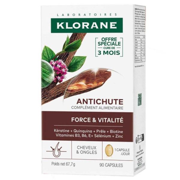 Klorane Antichute - Complément alimentaire 90 Capsules - Force et Vitalité, cheveux & ongles