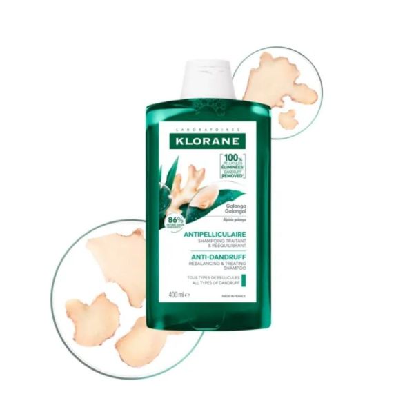 Klorane Galanga Shampoing Traitant et Rééquilibrant Lot de 2x400 ml - Elimine jusqu'à 100% des pellicules dès la 1ère application
