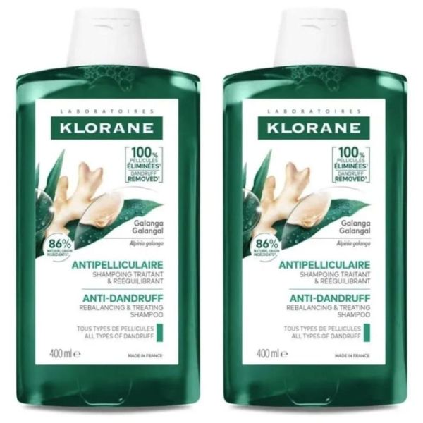 Klorane Galanga Shampoing Traitant et Rééquilibrant Lot de 2x400 ml - Elimine jusqu'à 100% des pellicules dès la 1ère application