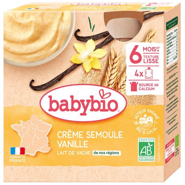 Babybio Crème Semoule Vanille Gourdes 4x85g – dessert lacté bio pour bébé dès 6 mois