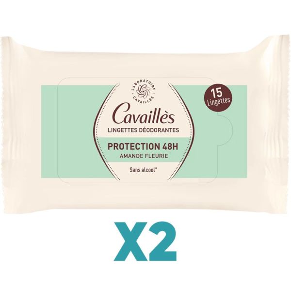 Cavaillès Lingettes Déodorantes Amande Fleurie Lot de 2x15 Lingettes – Protection et fraîcheur nomade