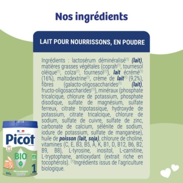 Picot Bio 1er âge 0-6 mois 800 g - Formule biologique sans huile de palme pour nourrissons
