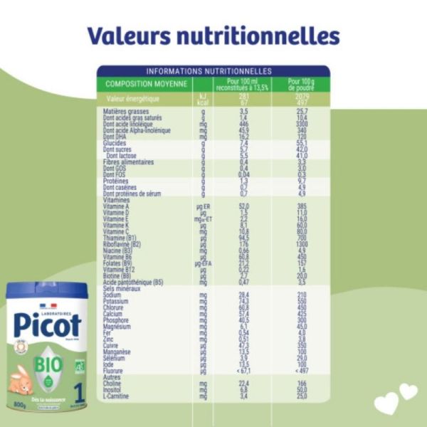 Picot Bio 1er âge 0-6 mois 800 g - Formule biologique sans huile de palme pour nourrissons