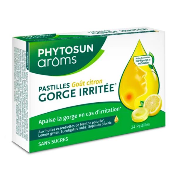 Phytosun Arôms Pastilles Gorge Irritée - Sans Sucres - Goût Citron - 24 pastilles