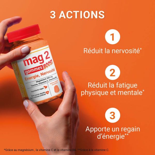 Mag 2 Boost Energie Nervosité - 45 Gommes - Saveur Mandarine - Apporte Énergie et Vitalité