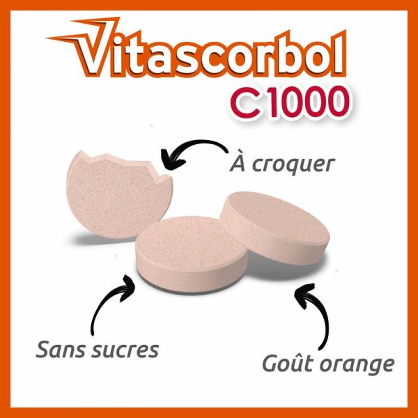 Vitascorbol Vitamine C 1000mg - 2 x 20 Comprimés à Croquer - Vitalité et Défenses Naturelles à Croquer