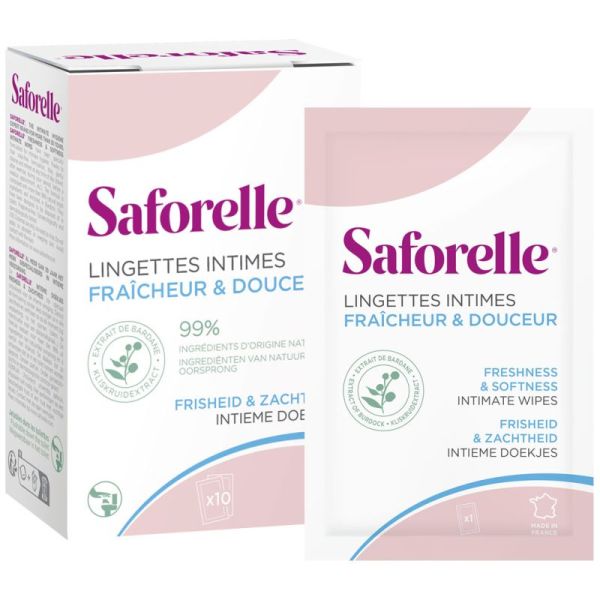 Saforelle Lingettes Intimes Ultra Douces x10 (Sachets individuels) - Lingettes biodégradables apaisantes à la Bardane