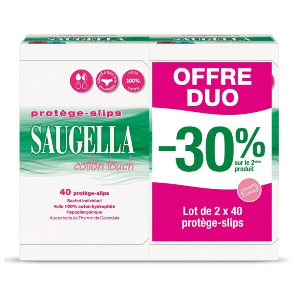 Saugella Cotton Touch Protège-Slips Hygiéniques 100% Coton Hydrophile - 2 x 40 Protège-Slips