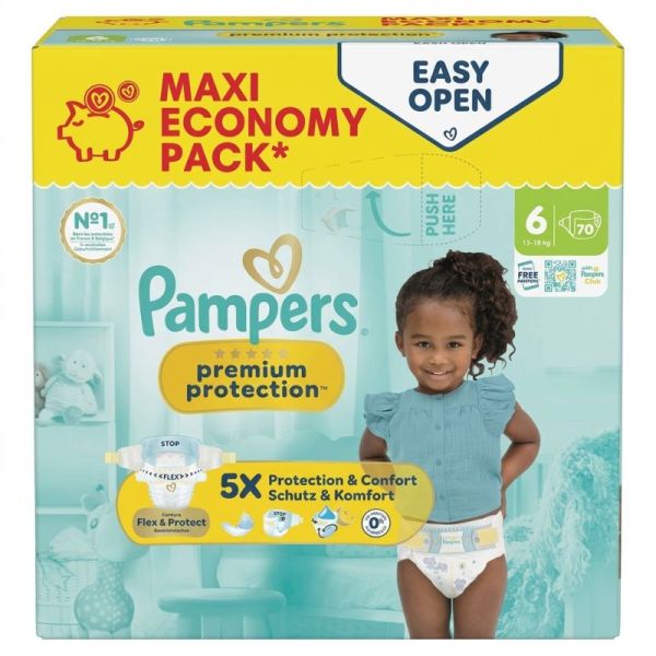 Pampers Premium Protection Taille 6 / 13-18kg - 70 Couches Maxi Economy Pack - Confort supérieur, ultra-absorbant