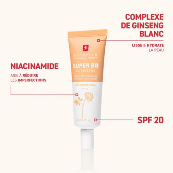 Erborian Super BB au Ginseng 15ml Teinte Nude – Crème de teint couvrante anti-imperfections SPF20