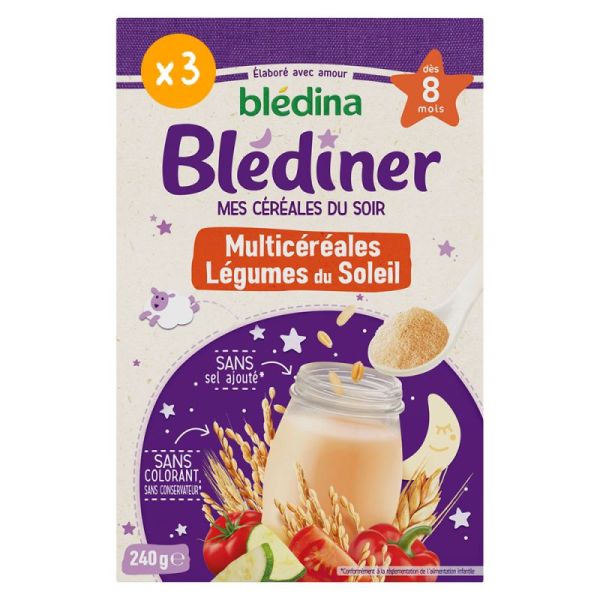 Blédina Blédîner Mes Céréales du Soir Multicéréales Légumes du Soleil  - 240 g - Dès 8 Mois Repas Doux et Équilibré