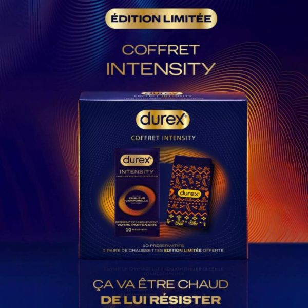 Durex Coffret Intensity 10 préservatifs + 1 paire de chaussettes offertes - Préservatifs sans latex et chaleur partagée