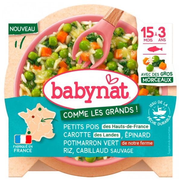 Babybio Babynat Petits Pois Carotte Épinard Potimarron Vert Riz & Cabillaud Sauvage - 200 g - De 15 Mois à 3 Ans