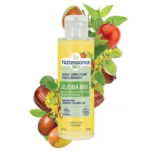 Natessance Huile de Jojoba BIO Flacon de 100 ml - Rééquilibre, adoucit et revitalise la peau et les cheveux