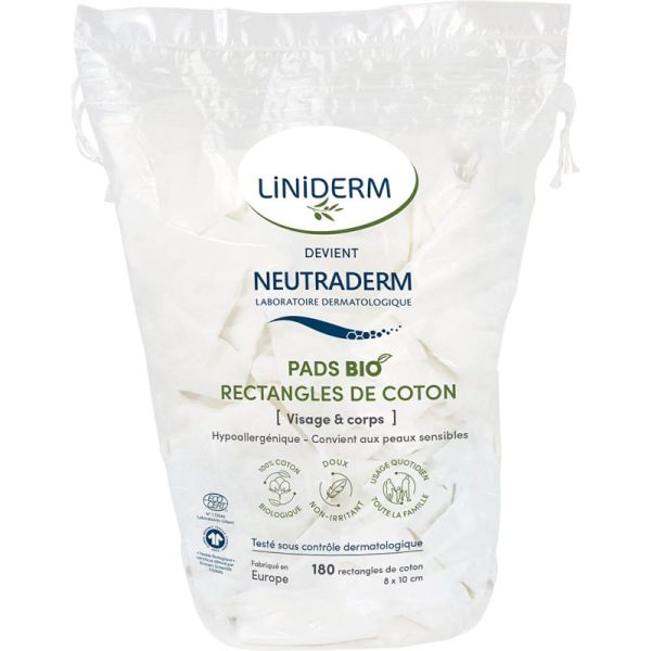 Neutraderm Pads Bio - 180 Rectangles de Coton - Coton biologique ultra-doux pour bébé et démaquillage