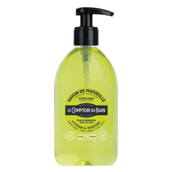 Le Comptoir du Bain Savon de Marseille Extra Doux - Citron Menthe - Peau Douce & Souple - 500 ml