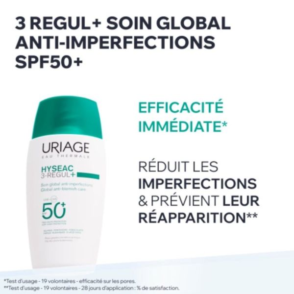 Uriage Hyséac 3-Régul+ Soin Global Anti-Imperfections SPF50+ 50 ml - Soin dermatologique anti-imperfections et anti-effet rebond